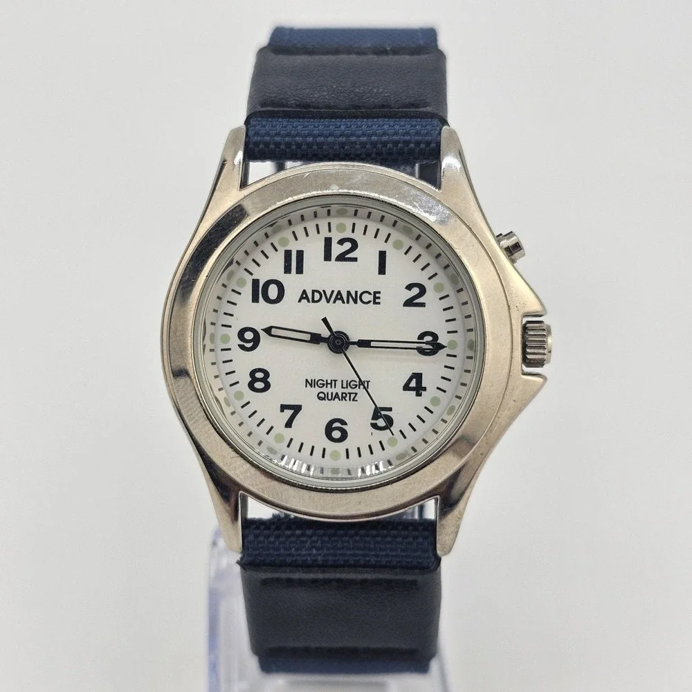 Advance Men Watch 40MM White Dial Blue Canvas Bands NewBattery LIGHT NOT WORKING